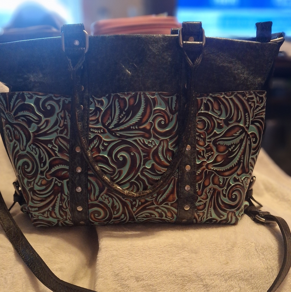 Patricia Nash Talloria Leather Turquouise Multi Tote Crossbody